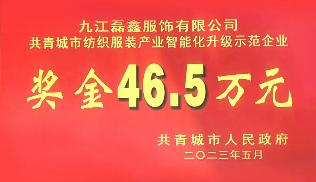 客戶新聞 | 磊鑫服飾榮獲紡織服裝產(chǎn)業(yè)智能化升級(jí)示范企業(yè)！